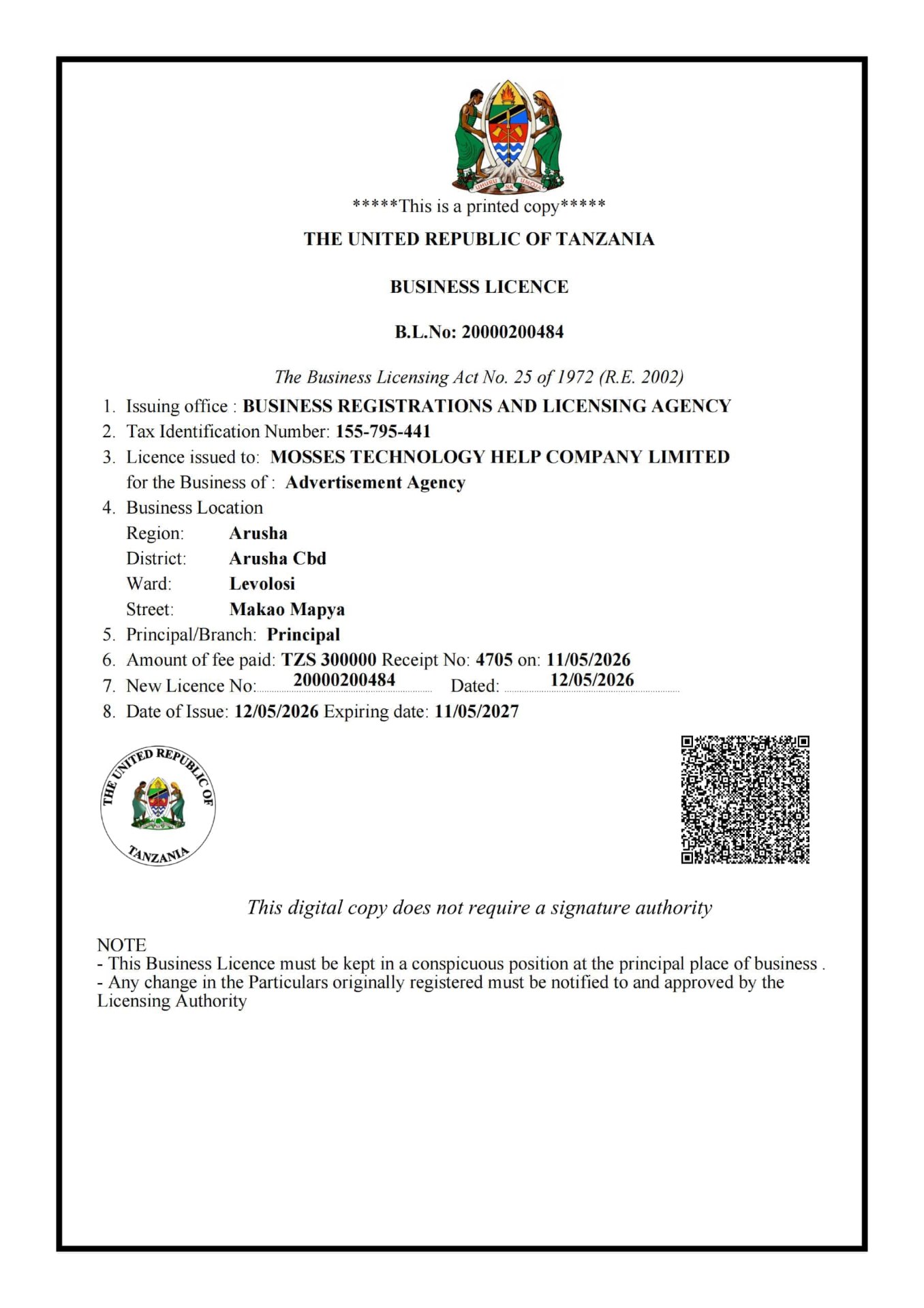 Business Licence — B.L.No: 20000200484