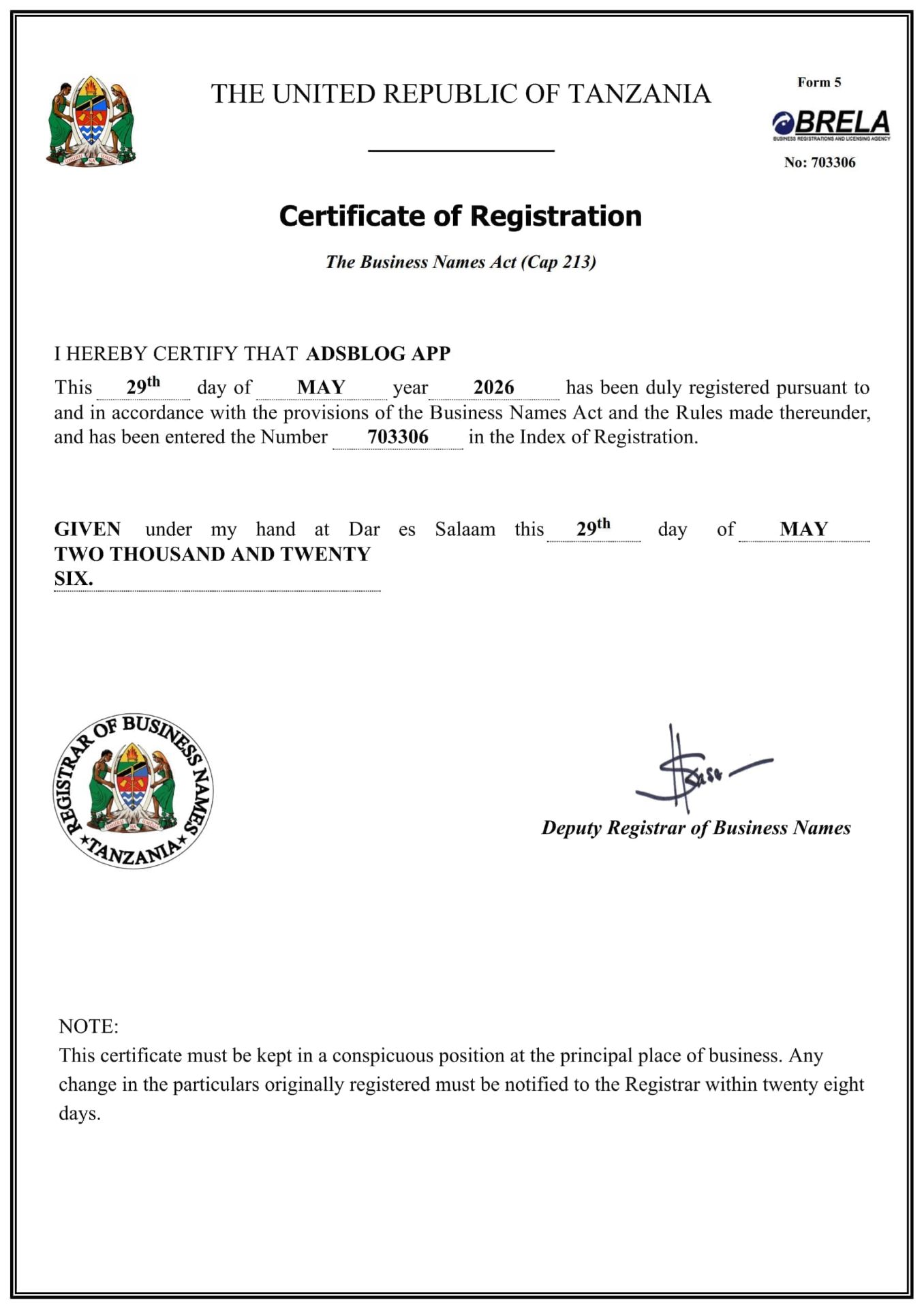Certificate of Registration — ADSBLOG APP (No. 703306)
